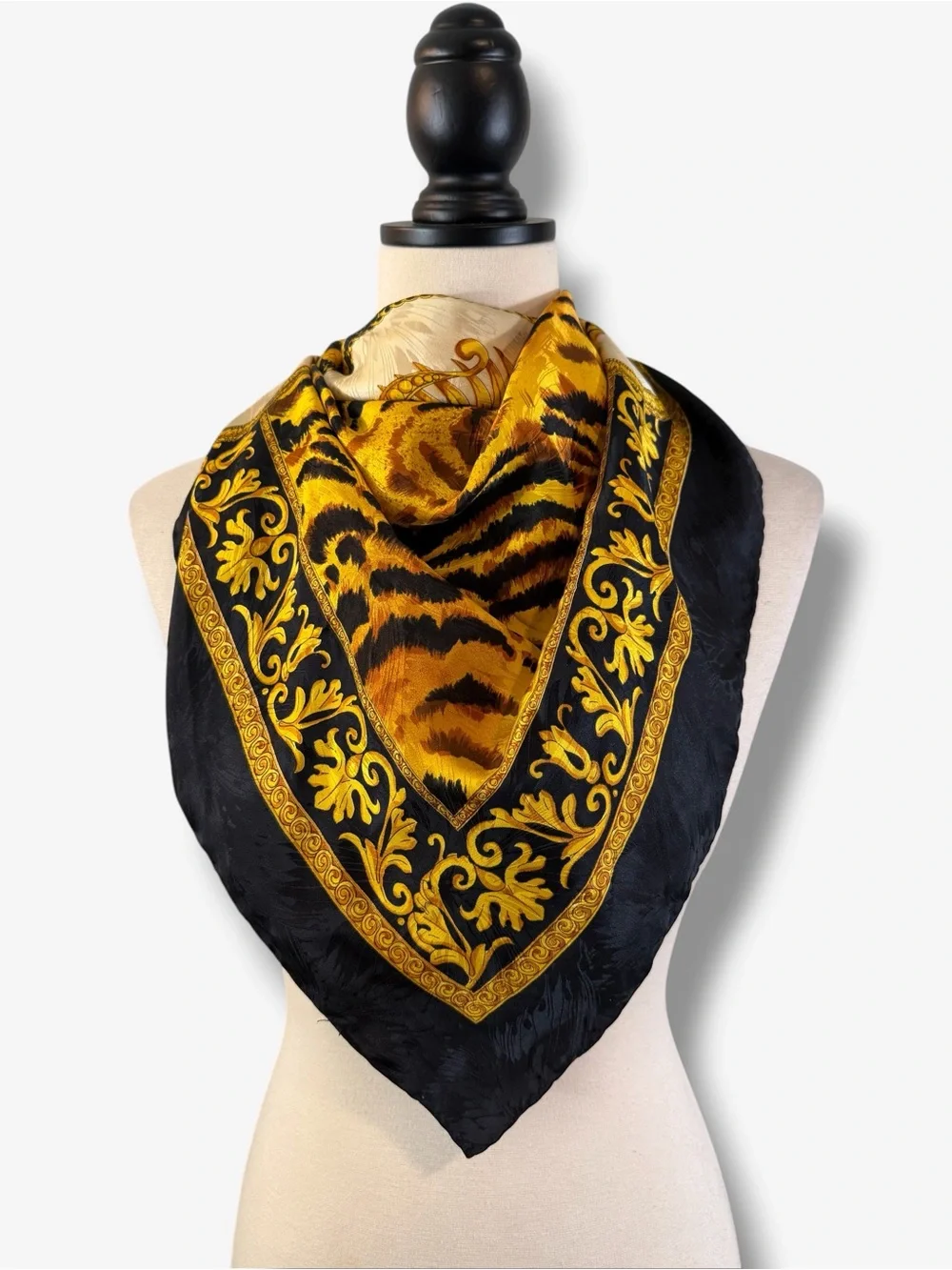 Vintage Tiger Baroque Silk Scarf 34” Giancarlo Milano Print Rolled Hem